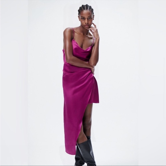 Zara SATIN EFFECT ASYMMETRIC DRESS New - Picture 4 of 7